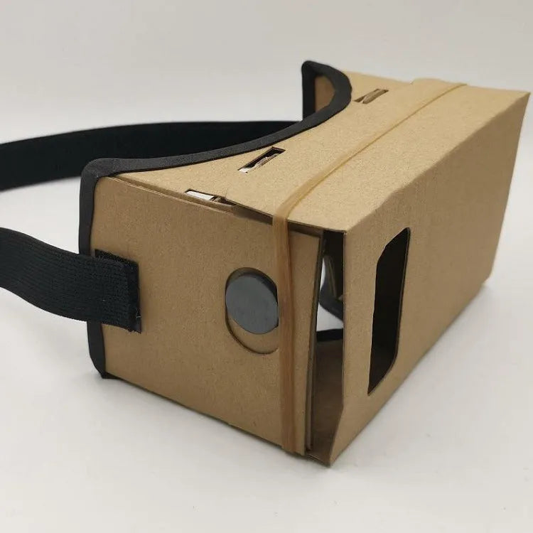 Pink cardboard VR glasses with 3D lenses and adjustable rubber band head strap for smartphones
