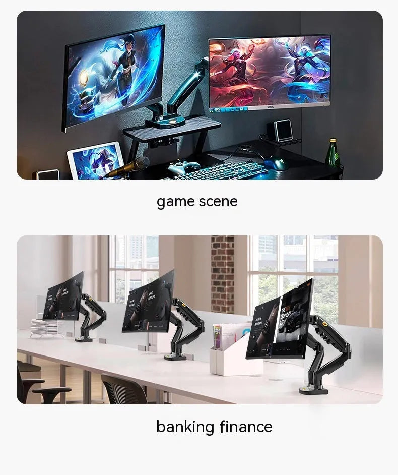 Dual screen monitor mounting bracket with VESA compatibility for 75-100mm patterns and lifting height adjustment