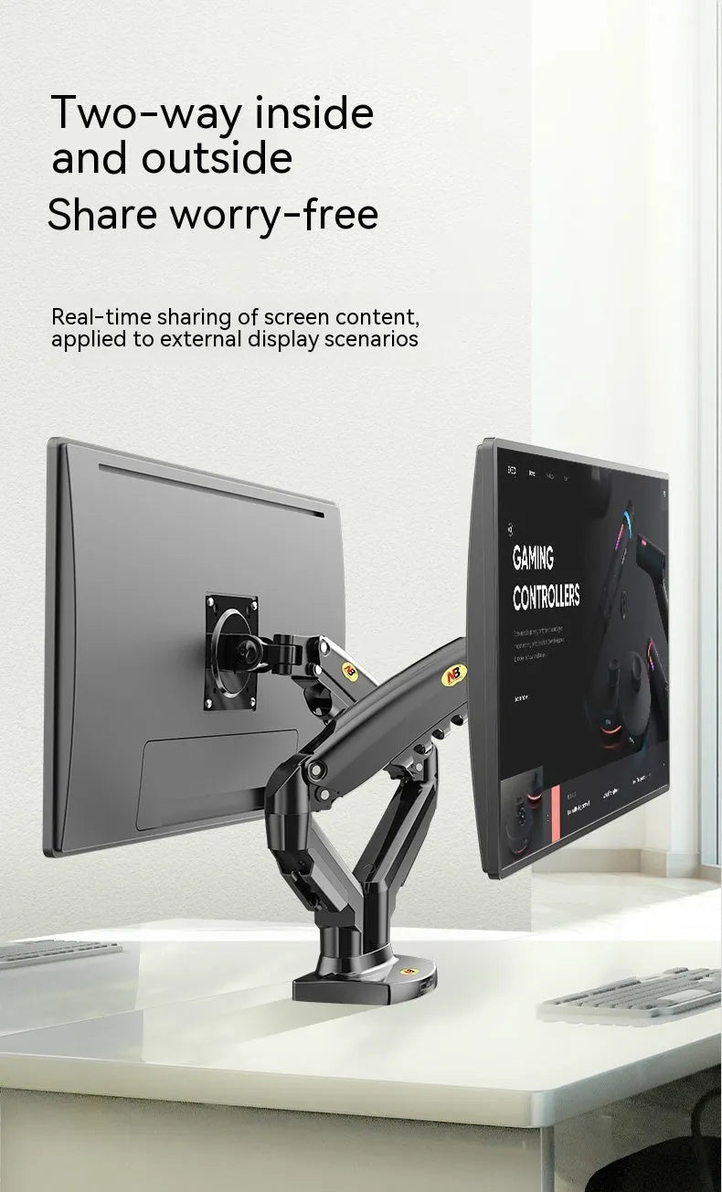 Dual screen monitor mounting bracket with VESA compatibility for 75-100mm patterns and lifting height adjustment