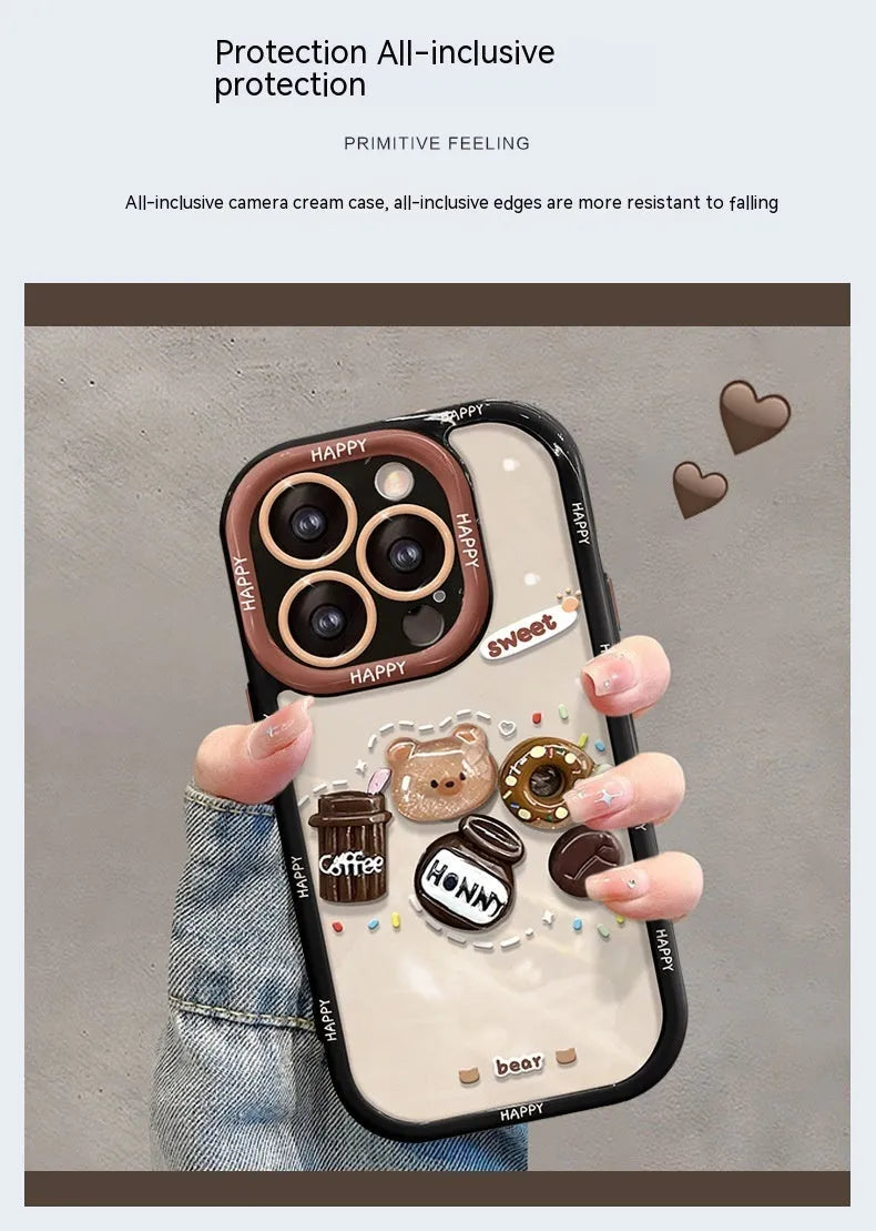 Silicone phone case with 3D coffee bear doll pendant and lanyard for Apple iPhone, cream black