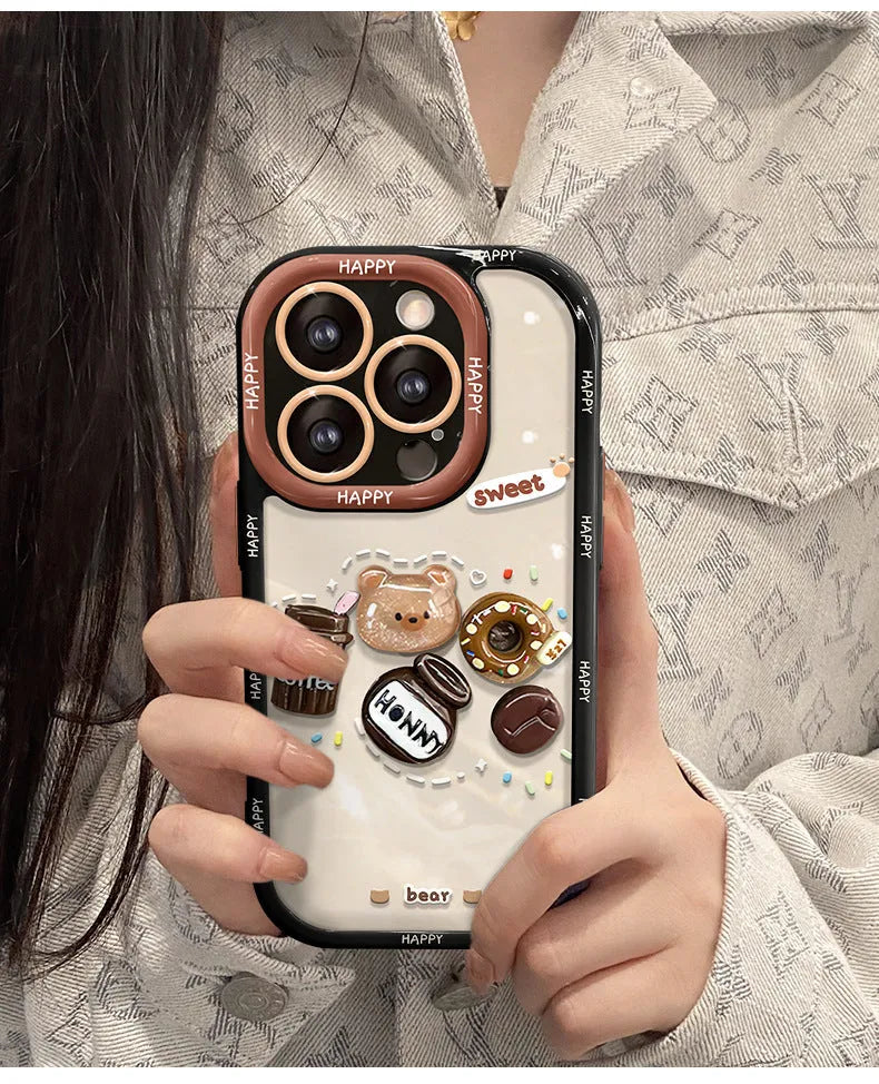 Silicone phone case with 3D coffee bear doll pendant and lanyard for Apple iPhone, cream black