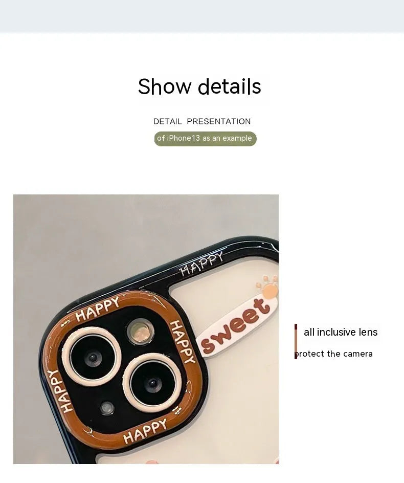 Silicone phone case with 3D coffee bear doll pendant and lanyard for Apple iPhone, cream black