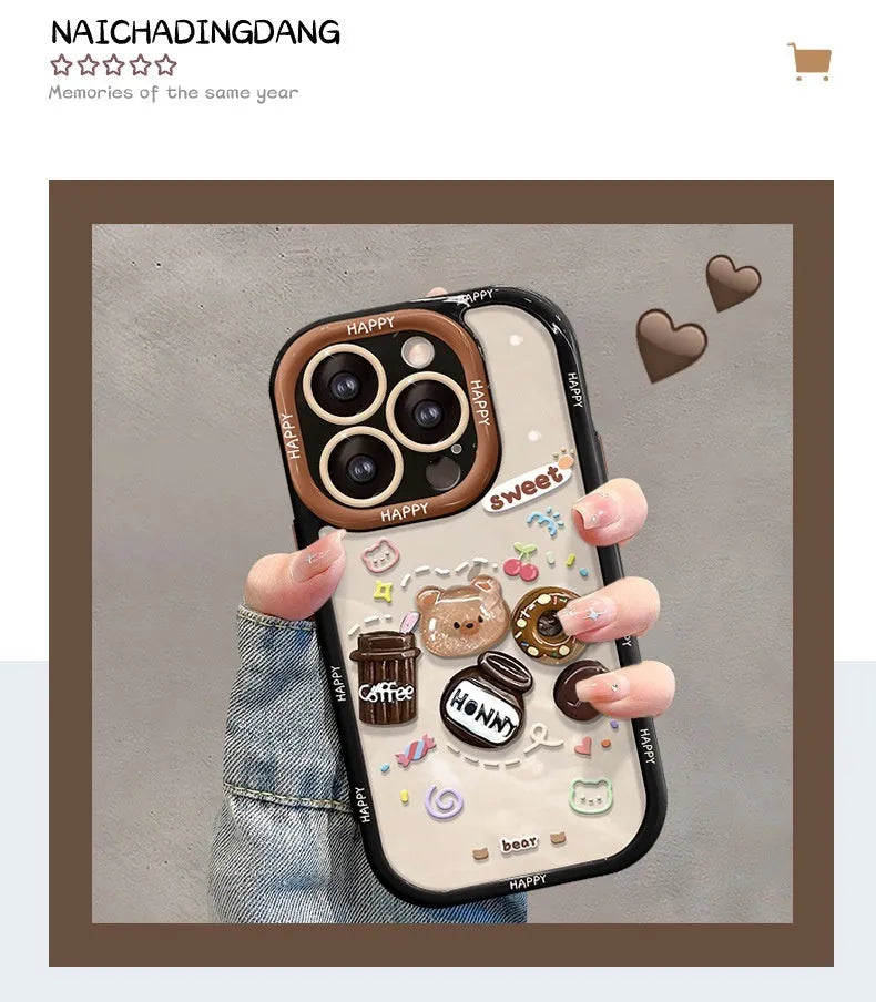 Silicone phone case with 3D coffee bear doll pendant and lanyard for Apple iPhone, cream black