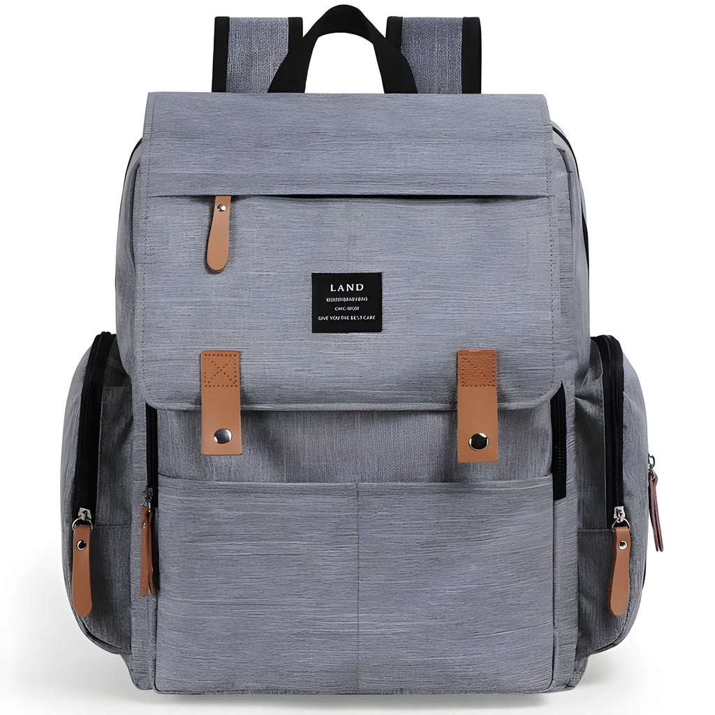 LAND Mommy large oxford cloth diaper backpack with changing mat, shown in grey colour.