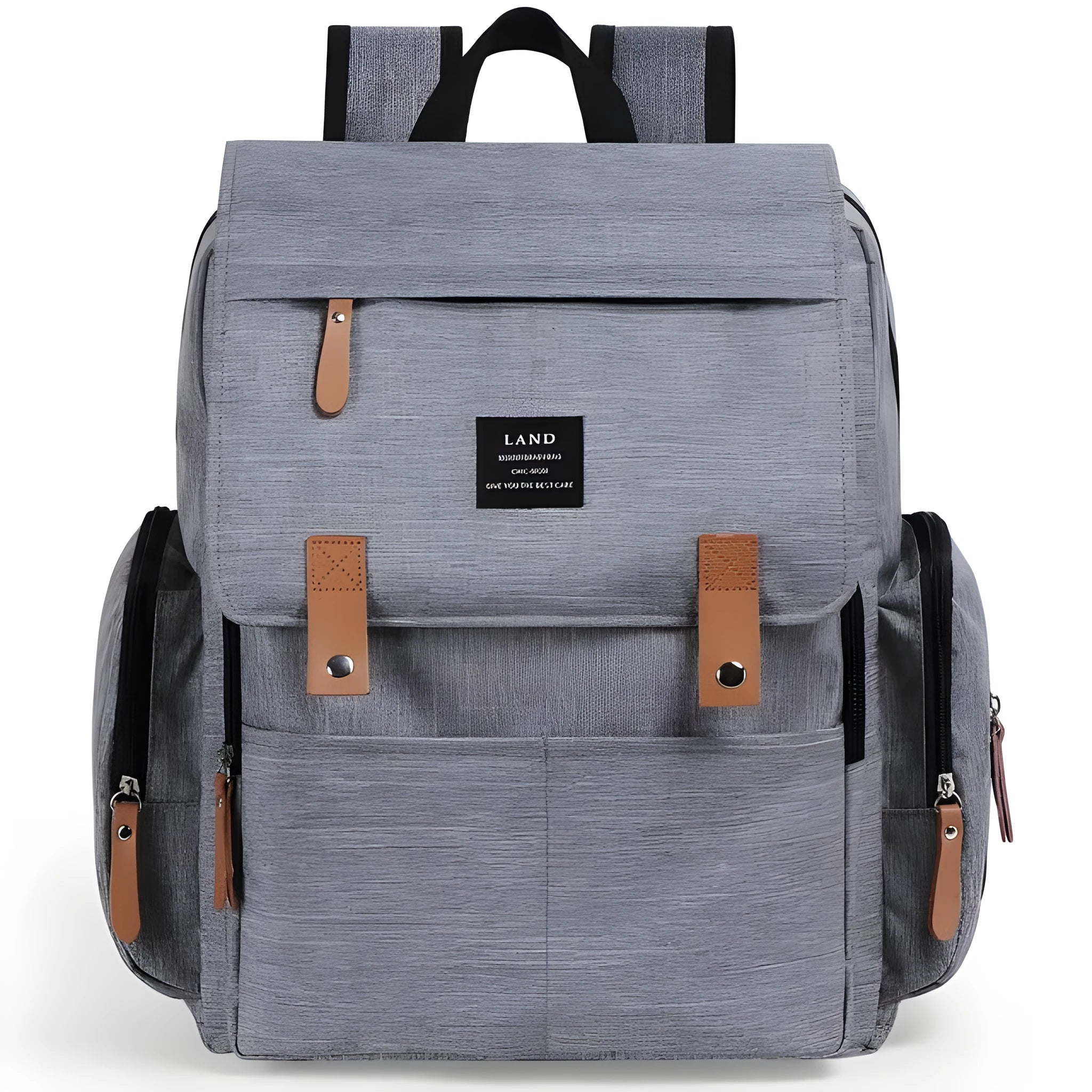 LAND Mommy large oxford cloth diaper backpack with changing mat, shown in grey colour.