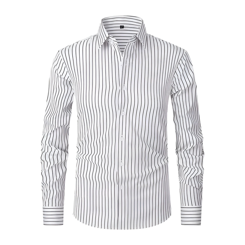 Men's slim fit striped business shirt in ice silk polyester blend fabric on hanger