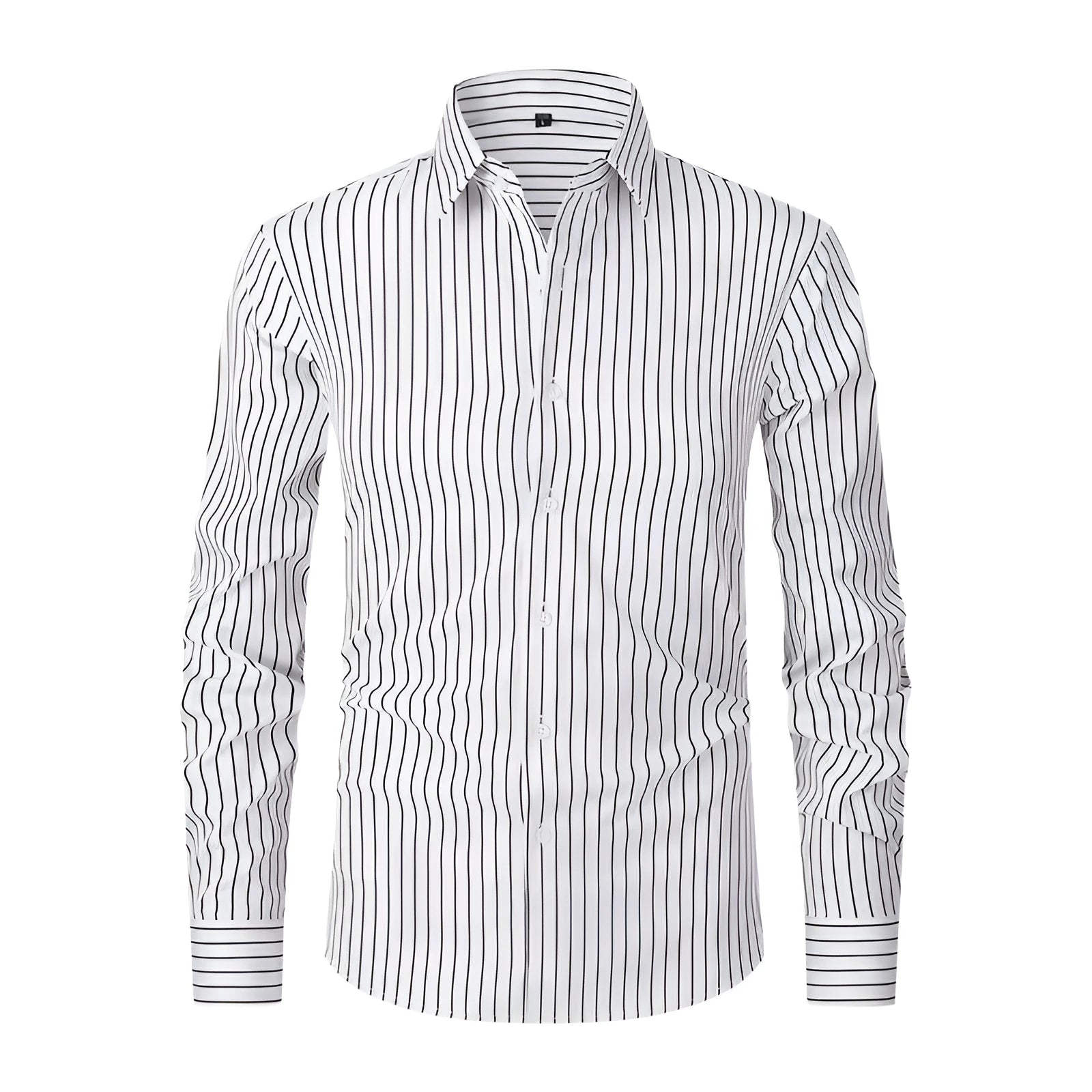 Men's slim fit striped business shirt in ice silk polyester blend fabric on hanger
