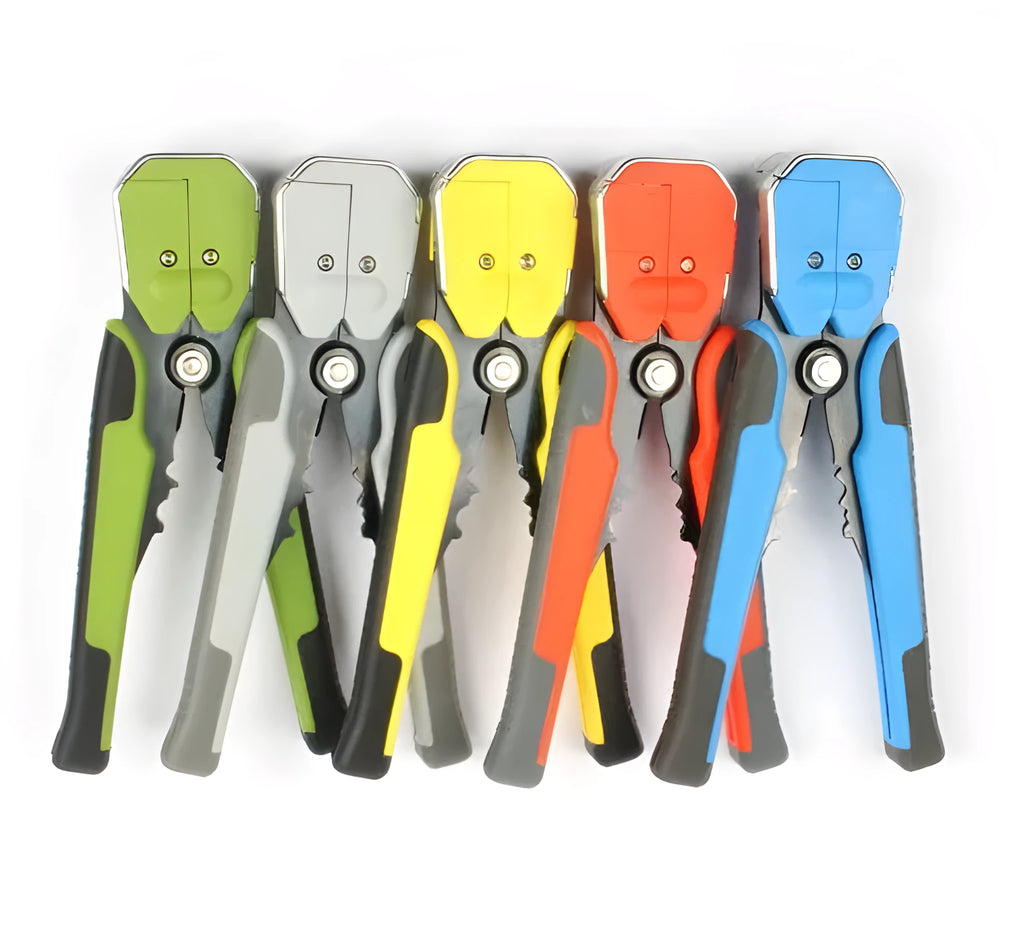 Yellow automatic wire stripper crimping plier tool with adjustment screw for 10-24 AWG cables