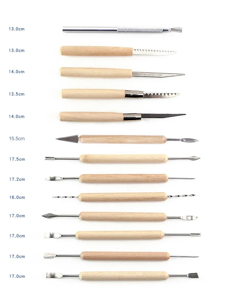 Brown 27-piece pottery tool set with storage roll, containing wood, stainless steel, and plastic clay modelling tools.