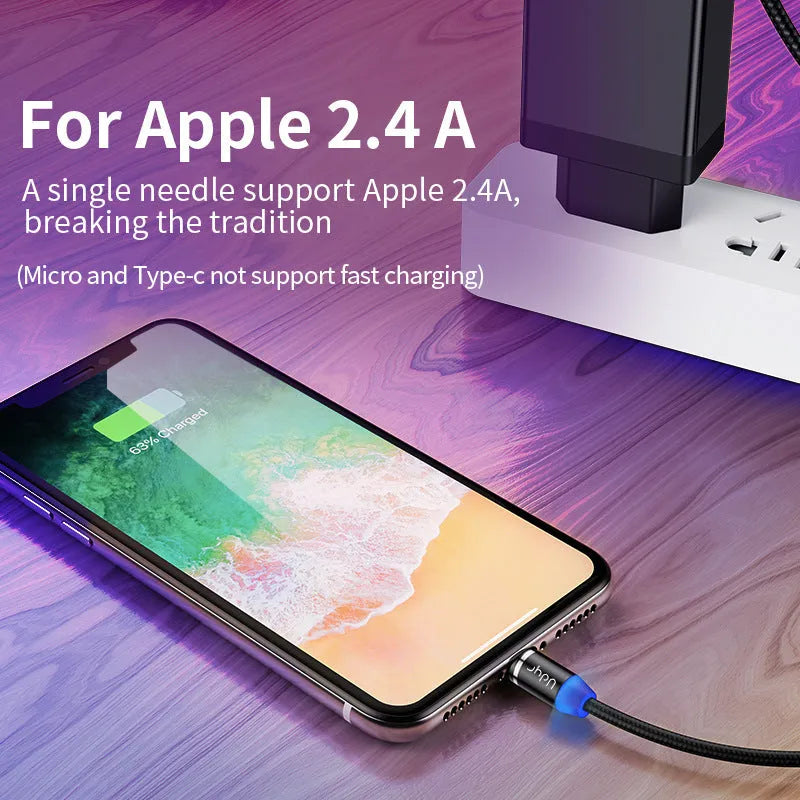 Magnetic charging cable with interchangeable USB-C, Apple and Android heads in black, red or silver colours