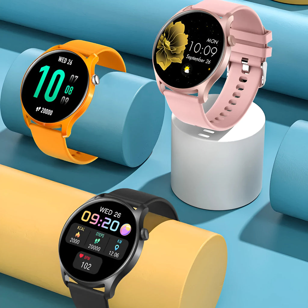 Smart watch with 1.3-inch screen showing heart rate display on silicone wristband