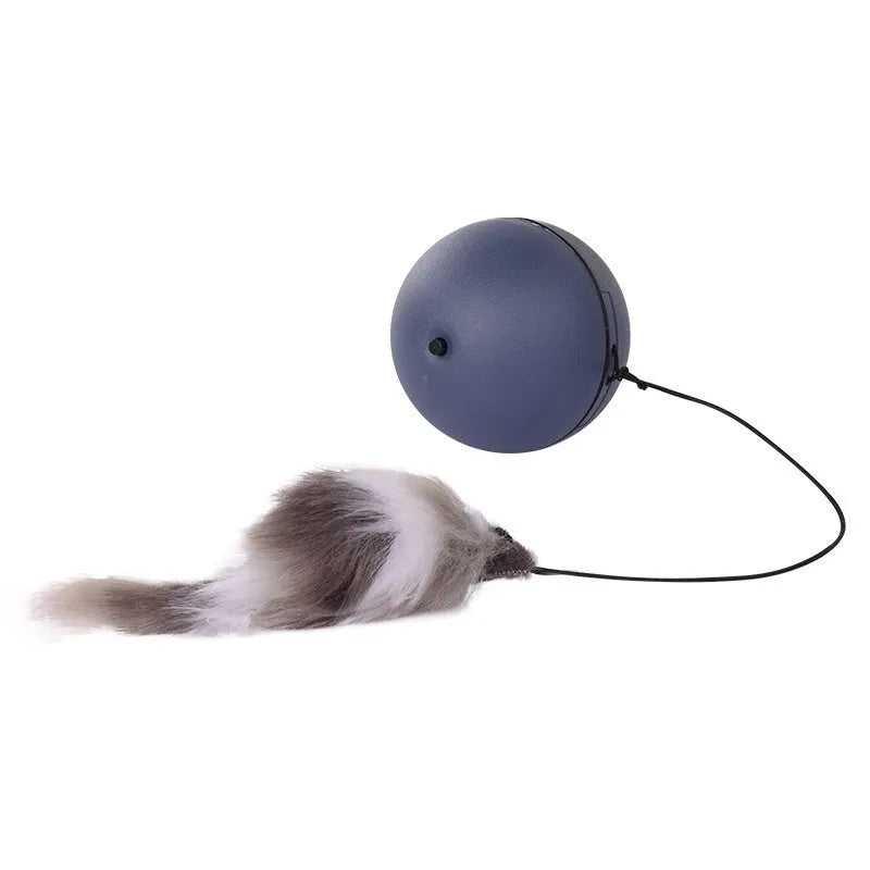 Automatic cat teasing ball with plush mouse attachment in blue orange and dark grey colour options