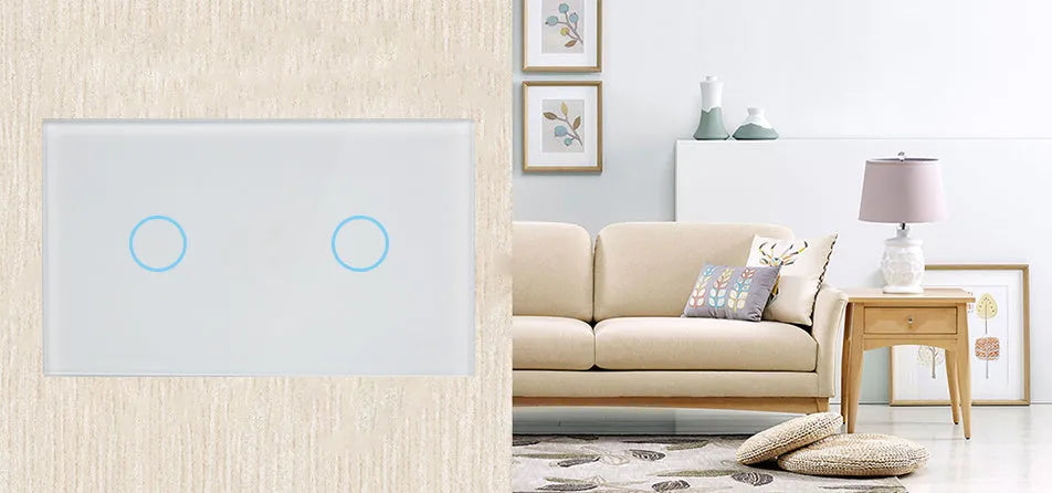 White two-gang touch light switch with tempered glass panel and blue LED indicator