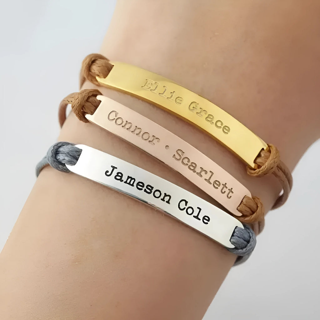 Stainless steel curved inspirational engraved woven stretch wristband in silver gold rose gold synthetic leather