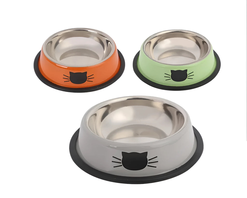 Stainless steel non-slip cat bowl set in purple orange green and black