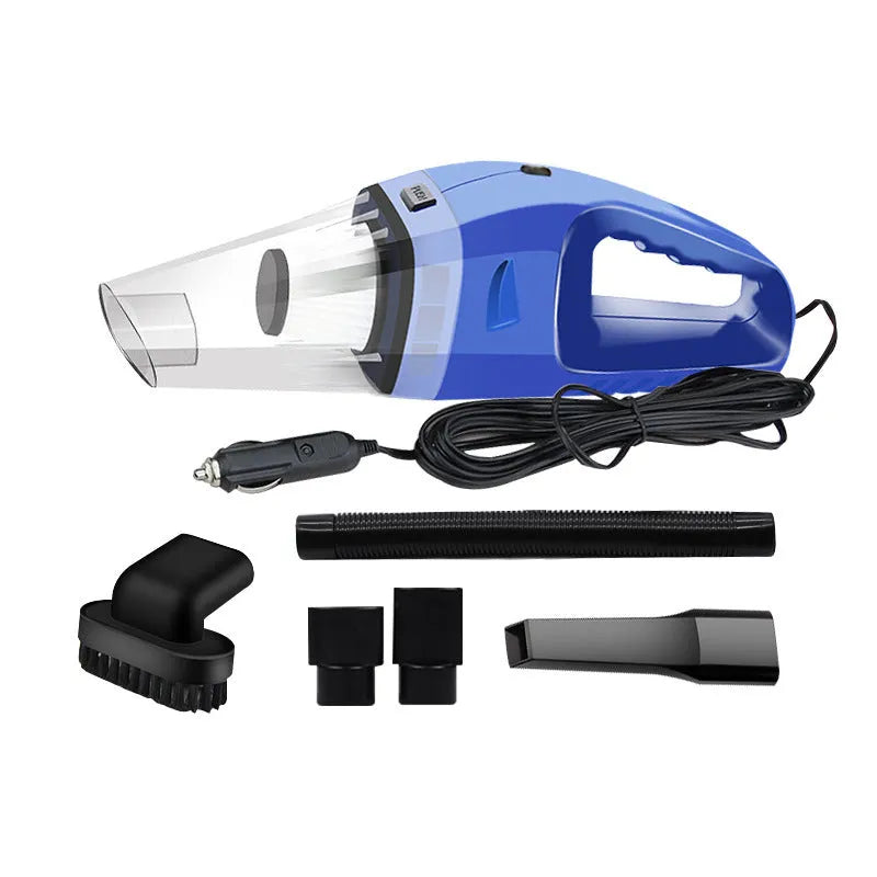 Orange handheld car vacuum cleaner with nozzle attached, next to its 12V cigarette lighter plug and additional accessories.