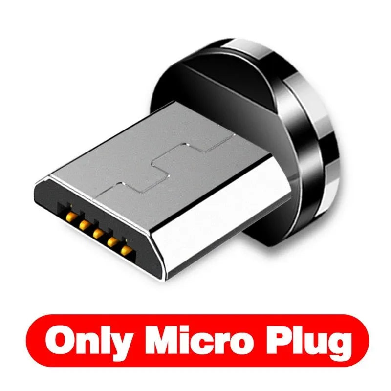 L-shape magnetic charging cable with aluminium housing in black, red, gold, or silver, showing Micro USB, Lightning and Type-C plug heads.