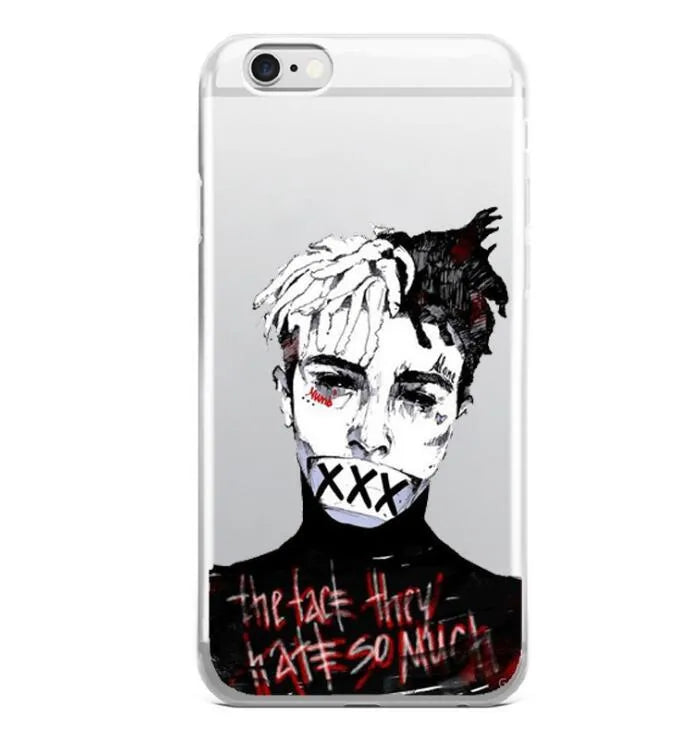Transparent matte iPhone case with printed XXxtentacion design, shown fitted on a smartphone.
