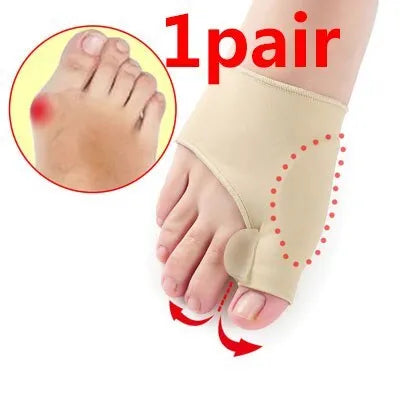 Corrective bunion sock with silicone gel toe separator shown in sizes S, M, and L on a foot diagram.