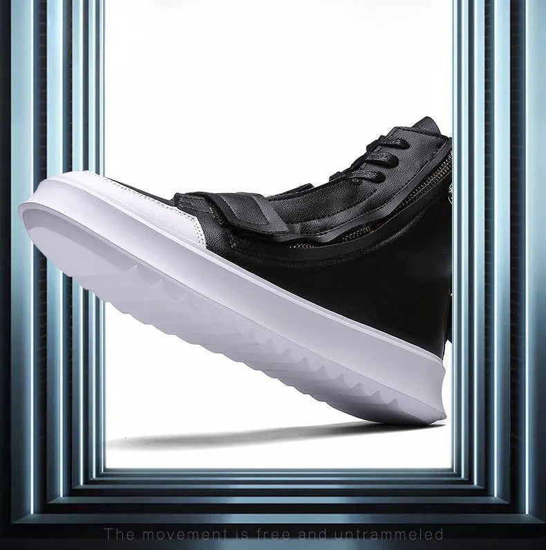 Men's black and white winter ankle boots with high-top sneaker design and PU leather microfiber upper