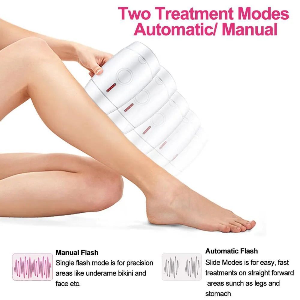 White home laser hair removal instrument with display, showing compact size and included adapter.