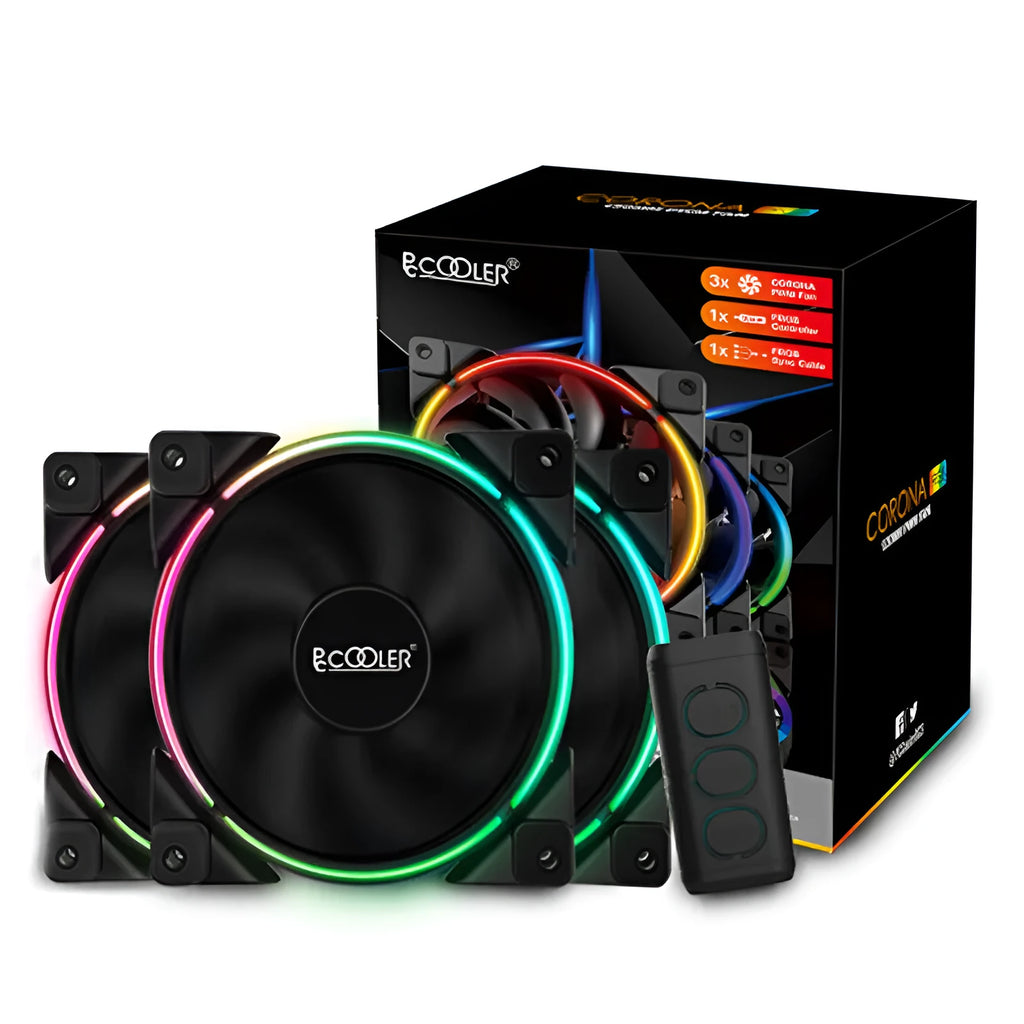 Three black 120mm RGB computer case cooling fans with fan blades and square frame.