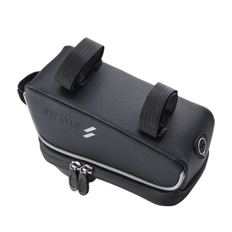 Black PU+EVA handlebar bag with TPU touch film and reflective strip mounted on bicycle crossbeam