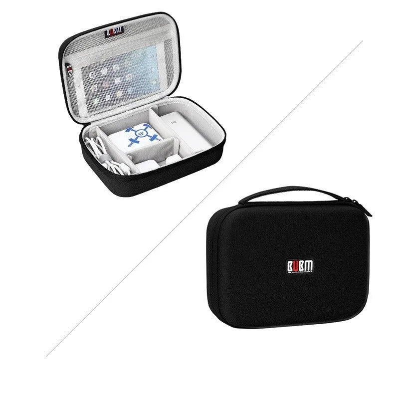 Black and grey EVA digital storage bag for organising headphones, cables, and small electronics.