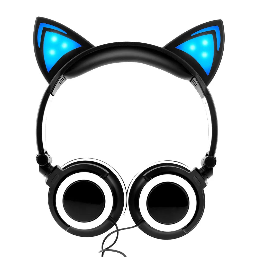 Cat ear headphones with LED lights on ears and cushions in seven colour options