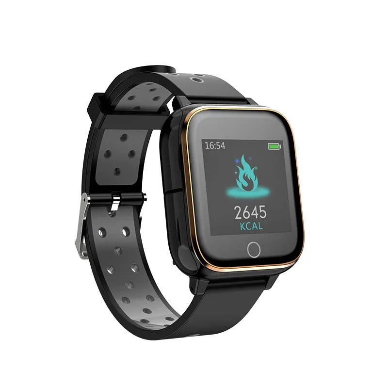 Black smart watch with integrated Bluetooth earbuds showing 1.4 inch display with heart rate data