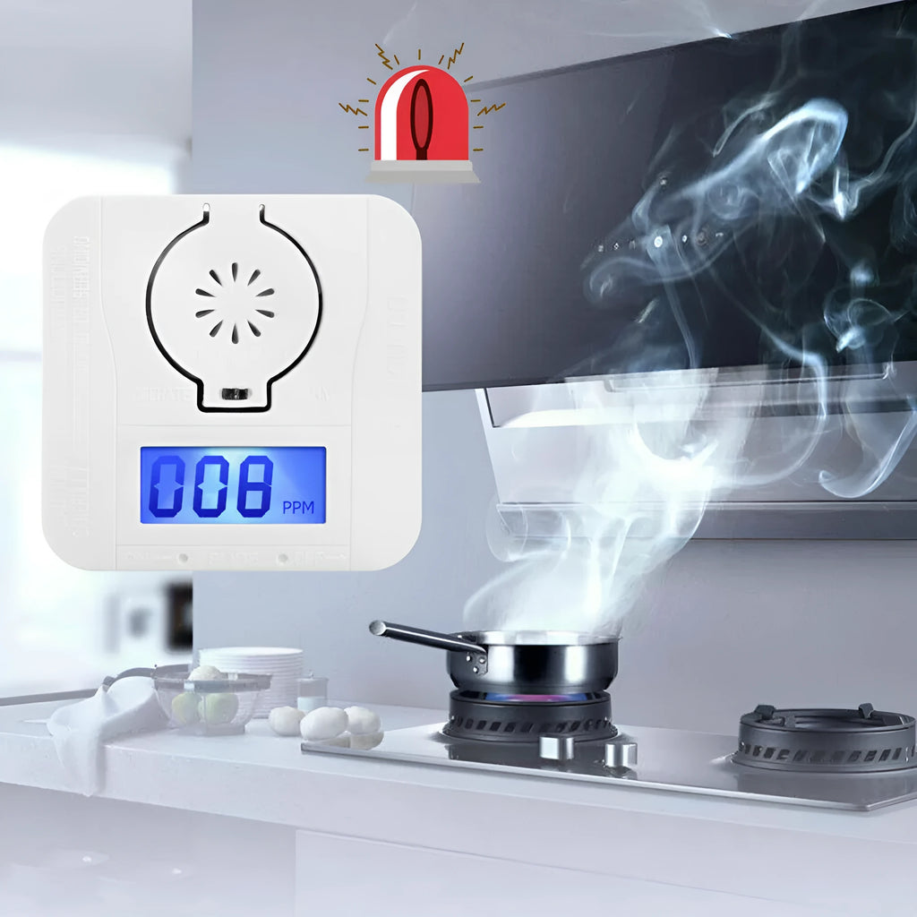 White carbon monoxide alarm for wall mounting with wireless communication and audible alarm