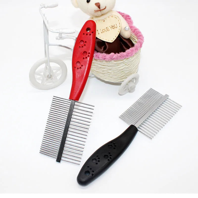 Double-row pet grooming comb with red handle and stainless steel needles on white background