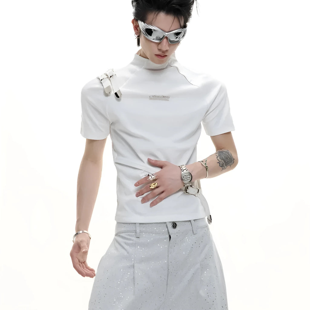 Men's slim fit cotton T-shirt with metal belt design and stand-up collar in black