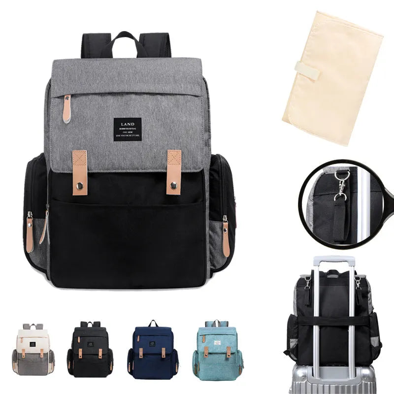 LAND Mommy large oxford cloth diaper backpack with changing mat, shown in grey colour.