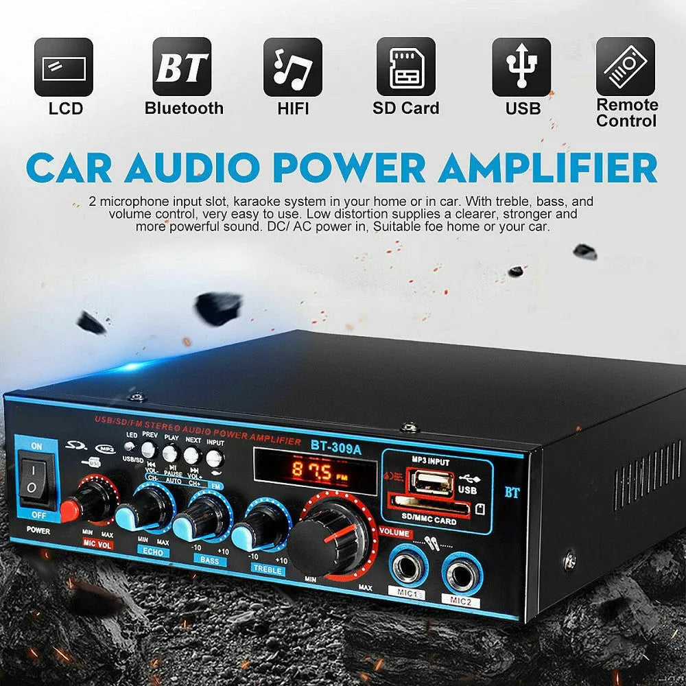BT-309A-A black dual-voltage Bluetooth power amplifier with recording function