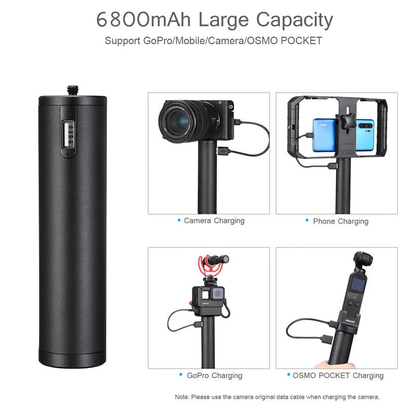 Black aluminium alloy power bank with carrying handle showing 6800mAh capacity and compact 12.5cm design