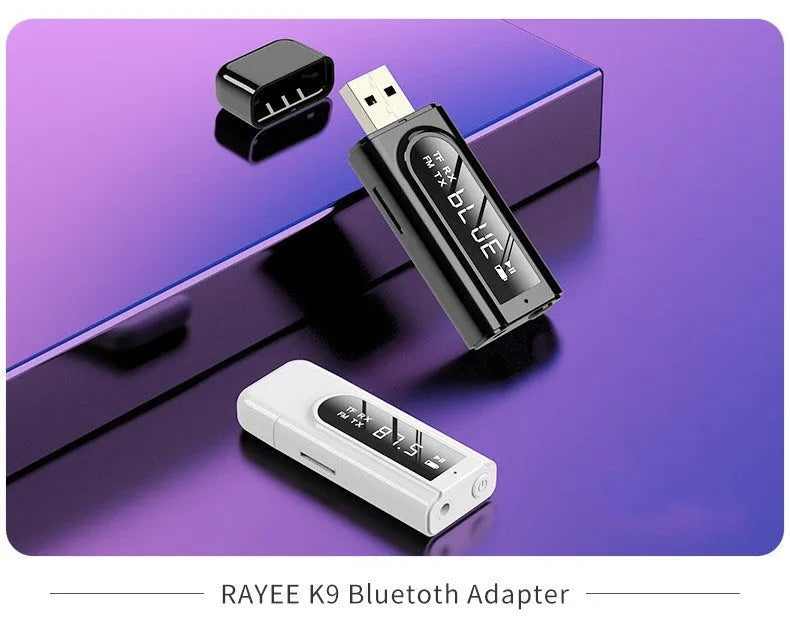 Black USB car FM Bluetooth receiver for wireless audio streaming and hands-free calling.