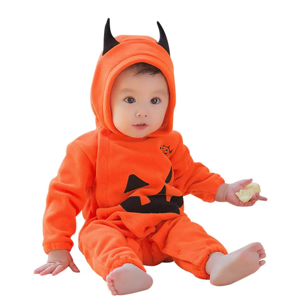 Orange Halloween pumpkin hooded jumpsuit for children with single-breasted closure and hood