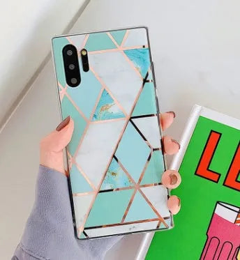 Electroplated marble pattern TPU phone case for Huawei and Samsung smartphones in various colours.