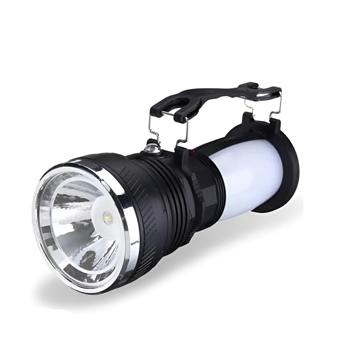 Black solar-powered LED emergency flashlight with USB charging port shown on a textured background.