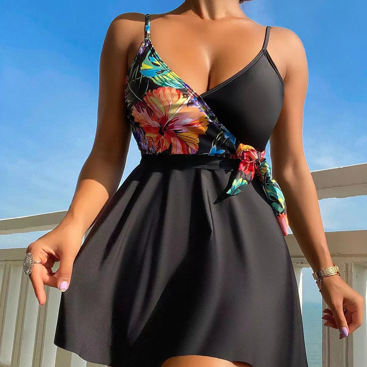 Women's black high waist briefs printed split bikini for sports and swimming activities