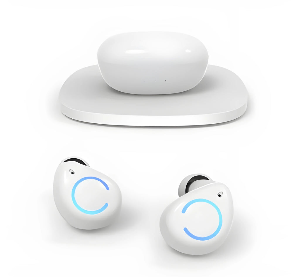 M18 true wireless Bluetooth earbuds in black and white colours with charging case
