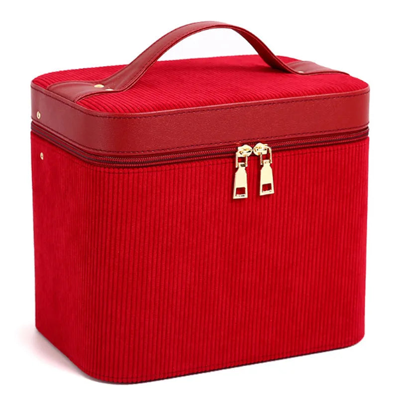 Corduroy cosmetic storage box with large capacity interior in various solid colours