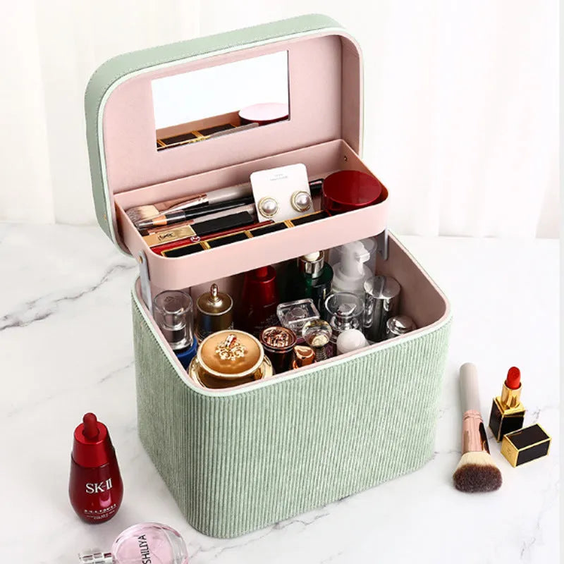 Corduroy cosmetic storage box with large capacity interior in various solid colours