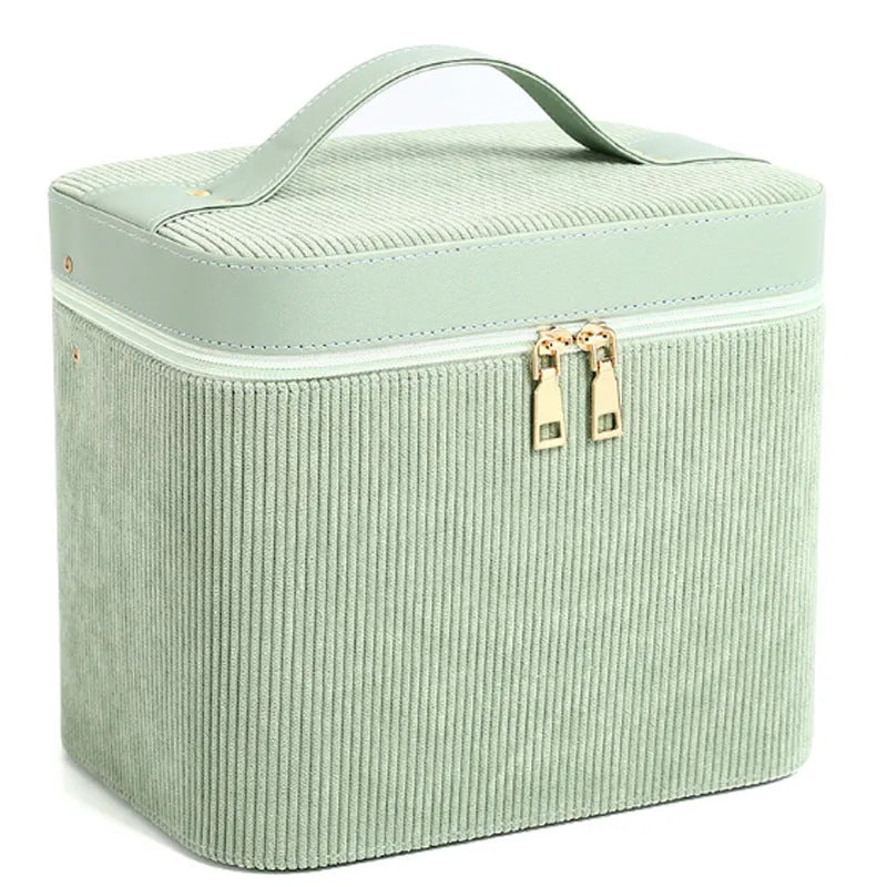 Corduroy cosmetic storage box with large capacity interior in various solid colours