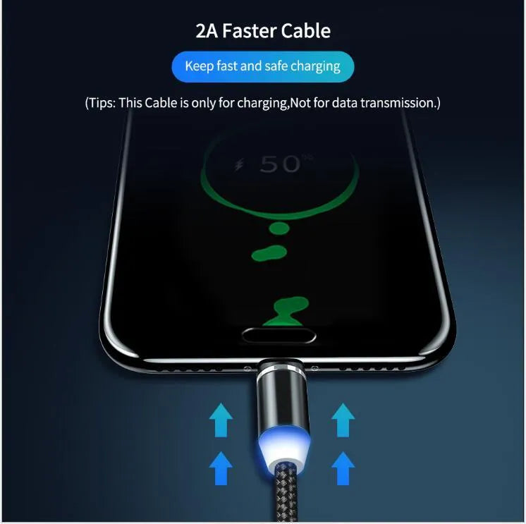 YBD magnetic LED charging cable with cotton braided cord and aluminium connectors in black