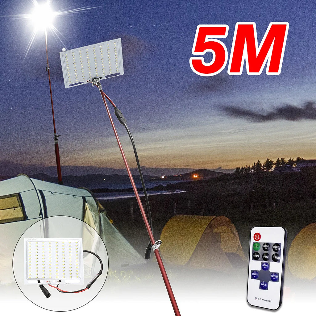 LED fishing rod light with telescopic pole showing 96 white LEDs and remote control