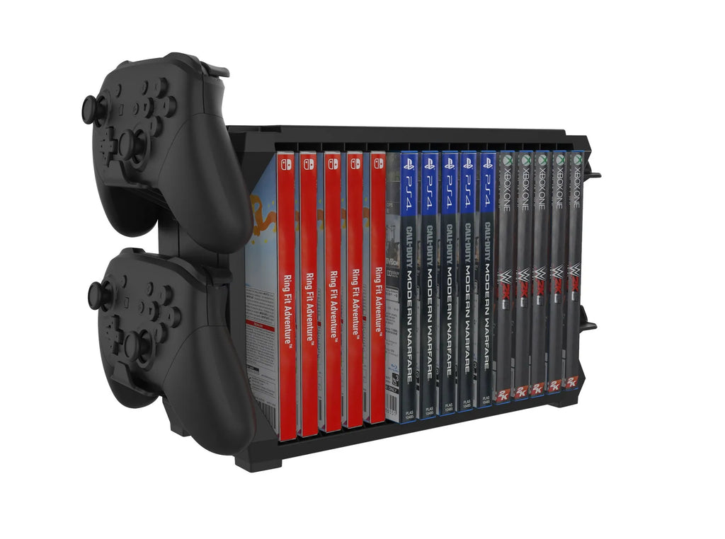 Black PS5 and Xbox Series X disc holder and controller stand made of ABS plastic.