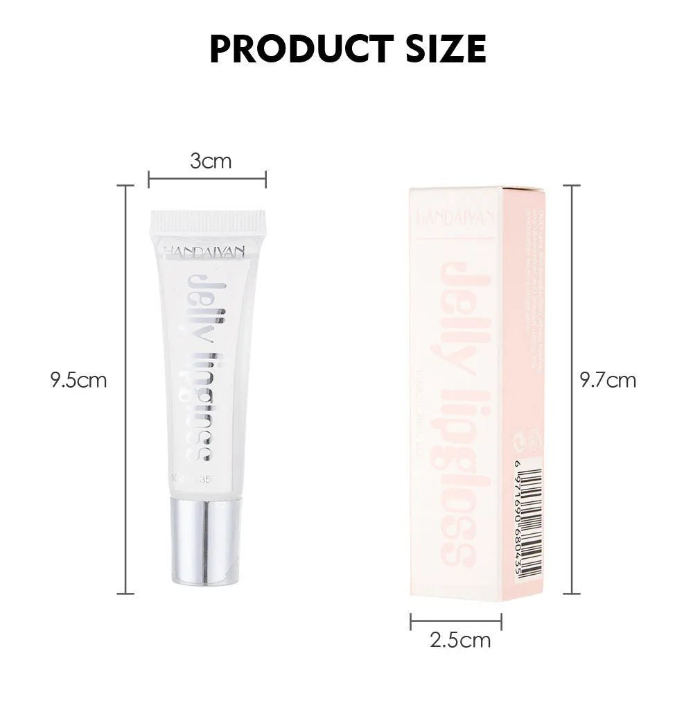 Jelly glass moisturising lip gloss tube in Pearl White shade with carton packaging and 12 colour options
