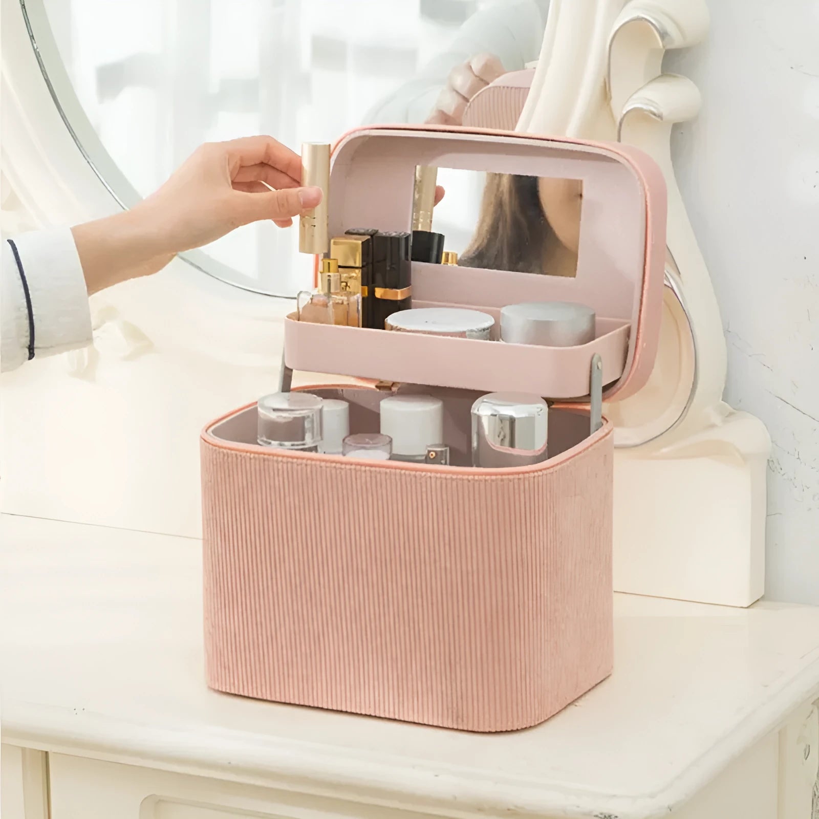 Corduroy cosmetic storage box with large capacity interior in various solid colours
